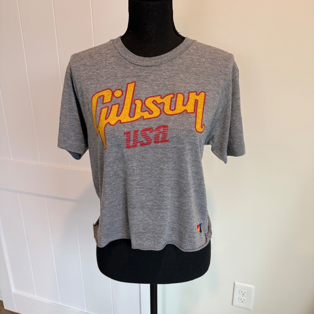 Aviator Nation x Gibson USA Graphic T-Shirt Heather Gray Medium Cropped Tee